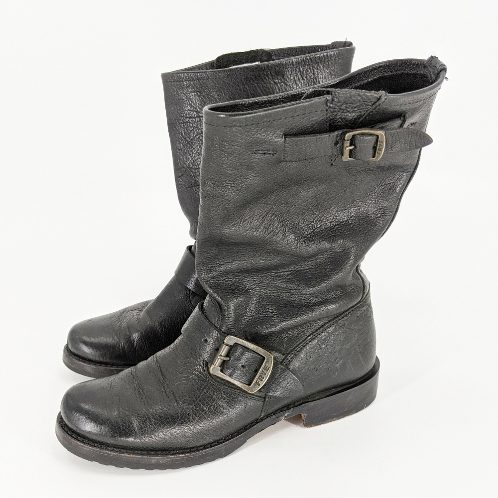 Frye Veronica Short Black Leather Buckle Boots